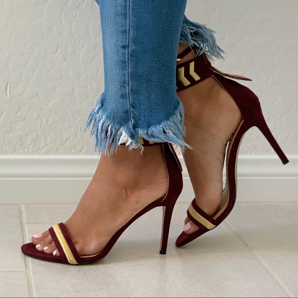 Red Wine Golden Embroidery High Heel Chic Sandal - Picture 4 of 7